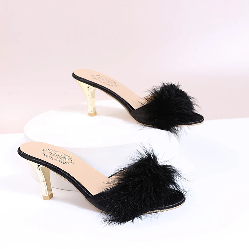 Cute Claudette Marabou Feather and Gold Mules black curated by z.j. Simmons