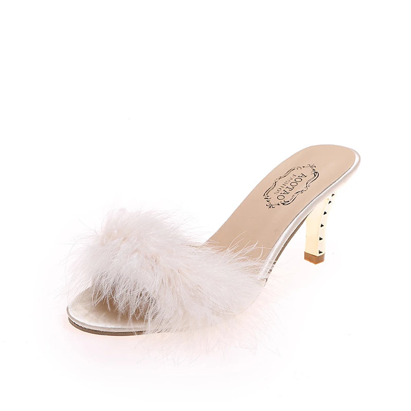 Cute Claudette Marabou Feather and Gold Mules curated by z.j. Simmons beige alone