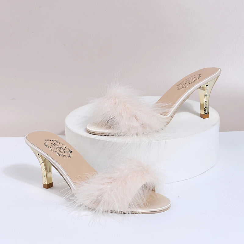 Cute Claudette Marabou Feather and Gold Mules curated by z.j. Simmons beige on stand