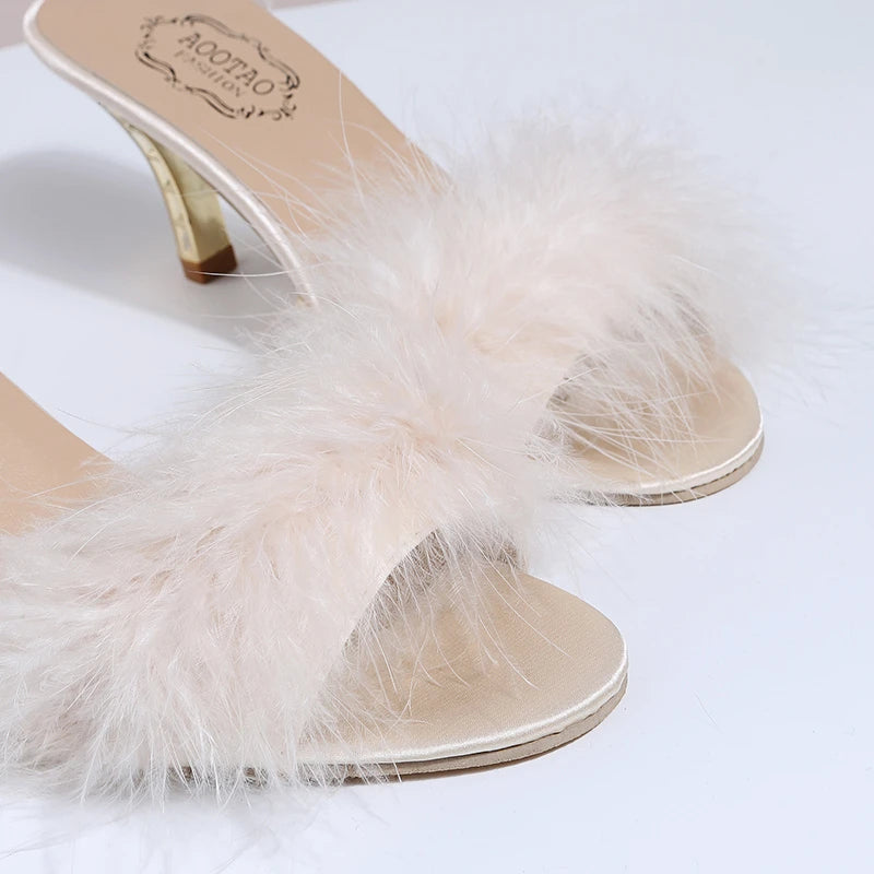 Cute Claudette Marabou Feather and Gold Mules curated by z.j. Simmons beige up close