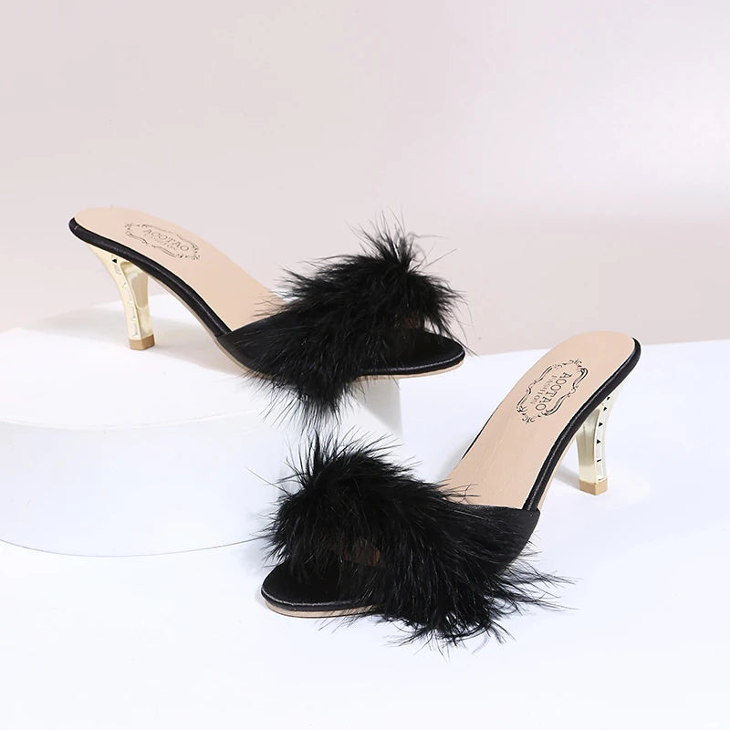 Cute Claudette Marabou Feather and Gold Mules curated by z.j. Simmons black on stand