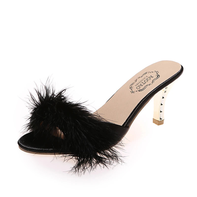 Cute Claudette Marabou Feather and Gold Mules curated by z.j. Simmons black up close