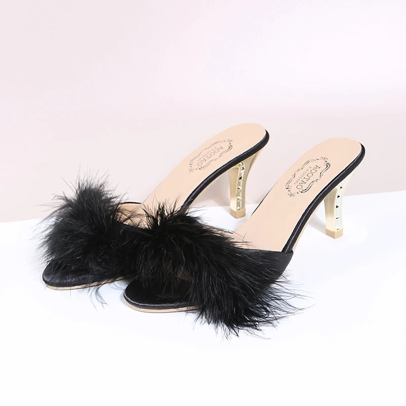Cute Claudette Marabou Feather and Gold Mules