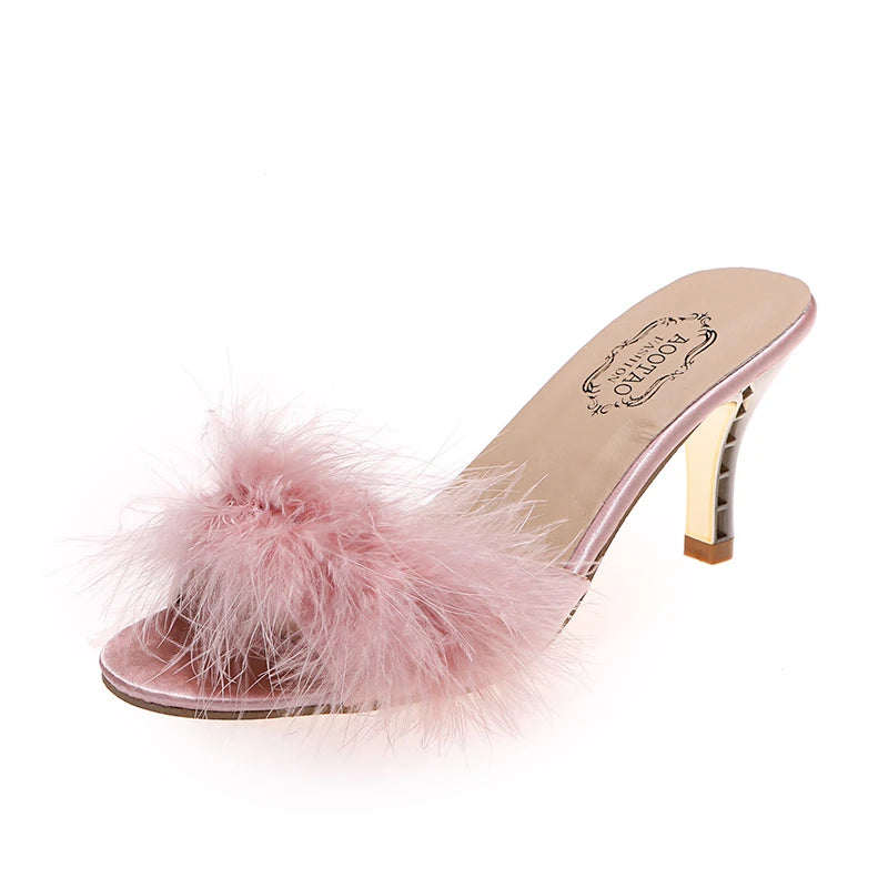 Cute Claudette Marabou Feather and Gold Mules curated by z.j. Simmons pink up close