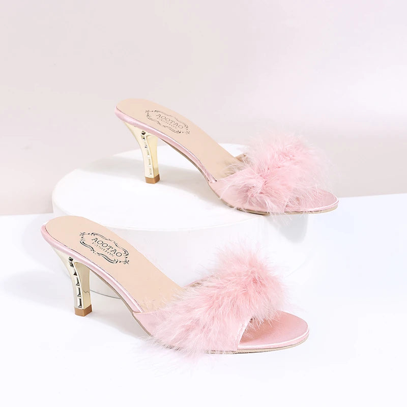 Cute Claudette Marabou Feather and Gold Mules pink