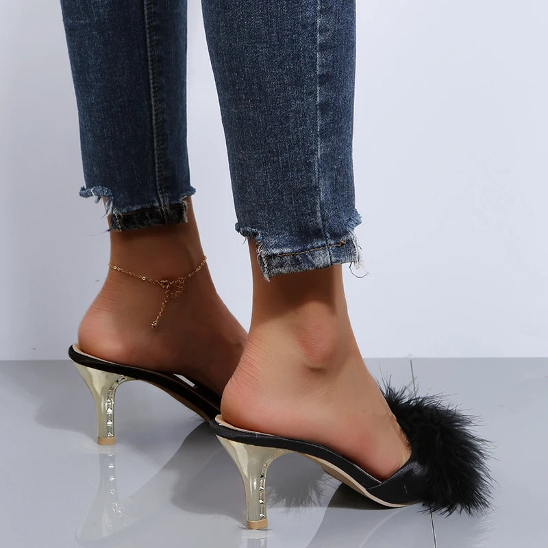 Cute Claudette Marabou Feather and Gold Mules