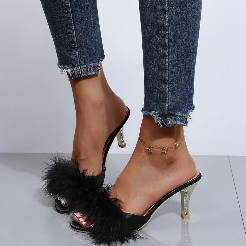 Cute Claudette Marabou Feather and Gold Mules